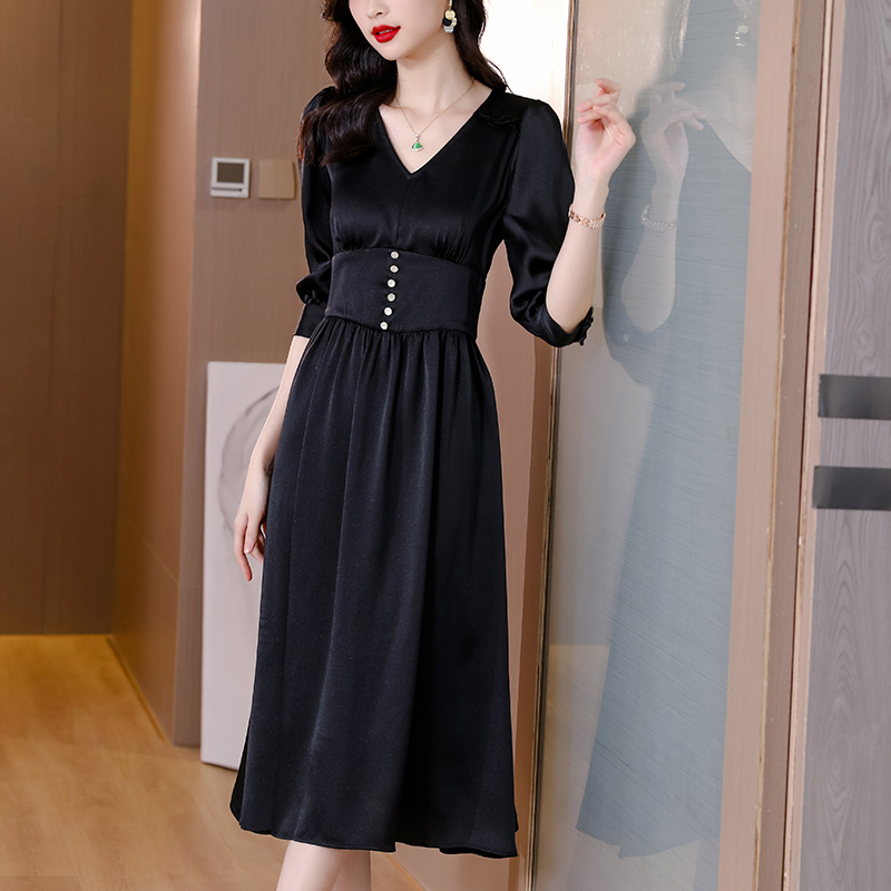 High waist long slim temperament black V-neck dress for women