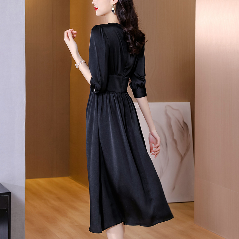 High waist long slim temperament black V-neck dress for women