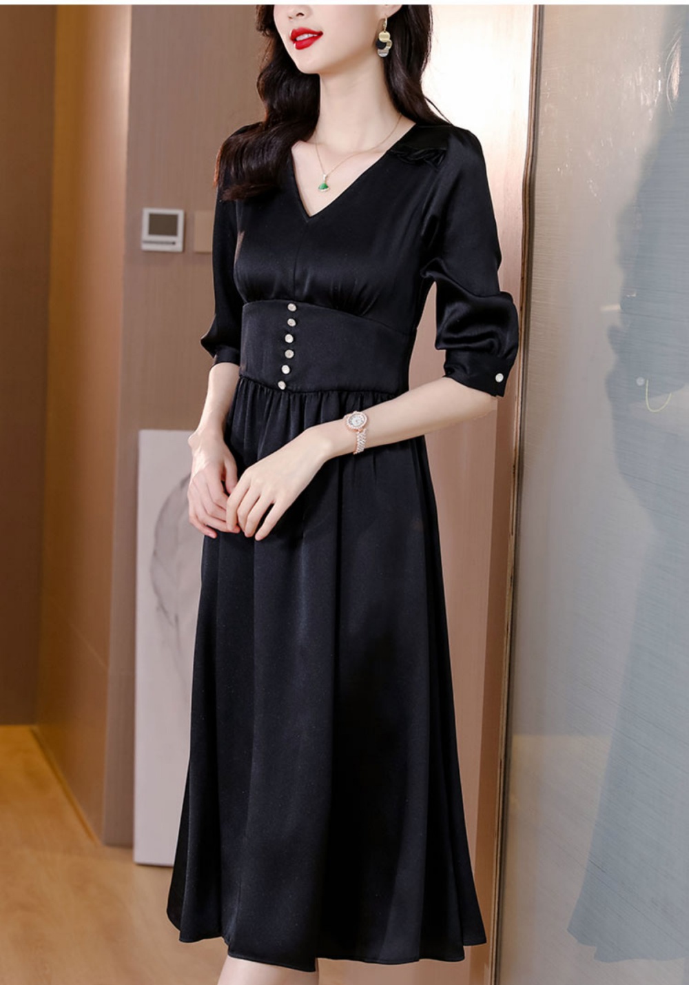 High waist long slim temperament black V-neck dress for women