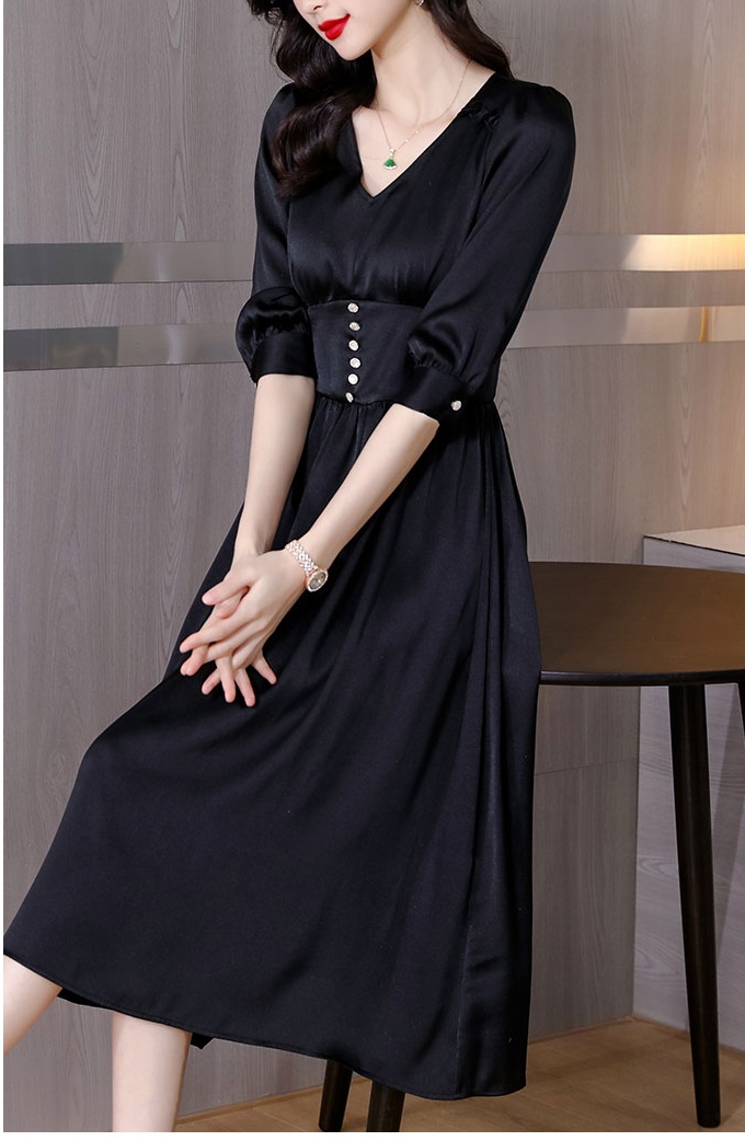 High waist long slim temperament black V-neck dress for women