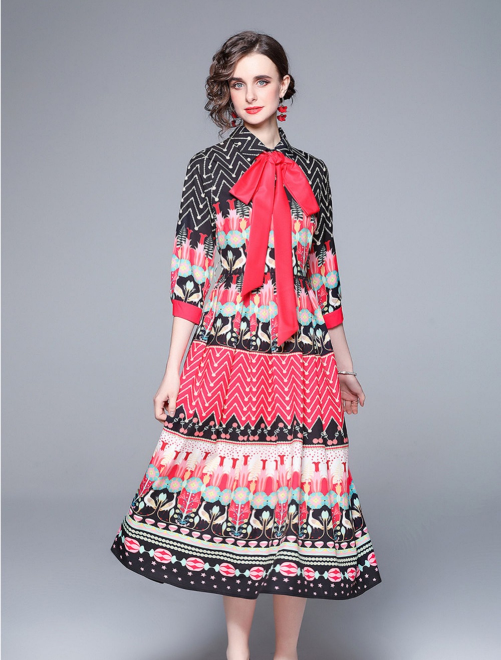Printing long fashion and elegant slim red dress for women