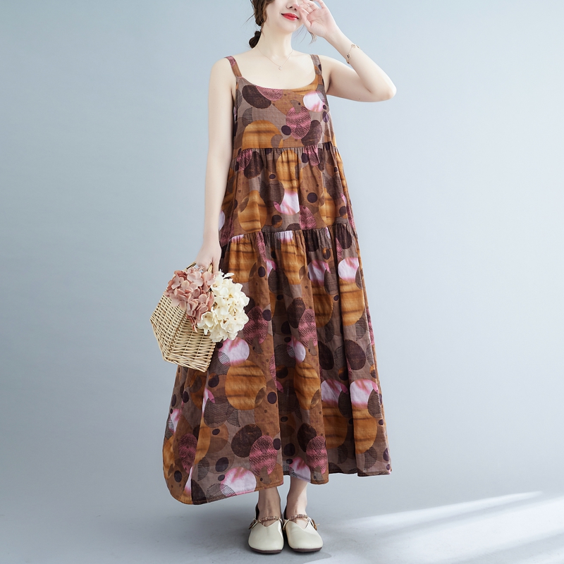 Loose cotton linen strap dress floral long dress for women