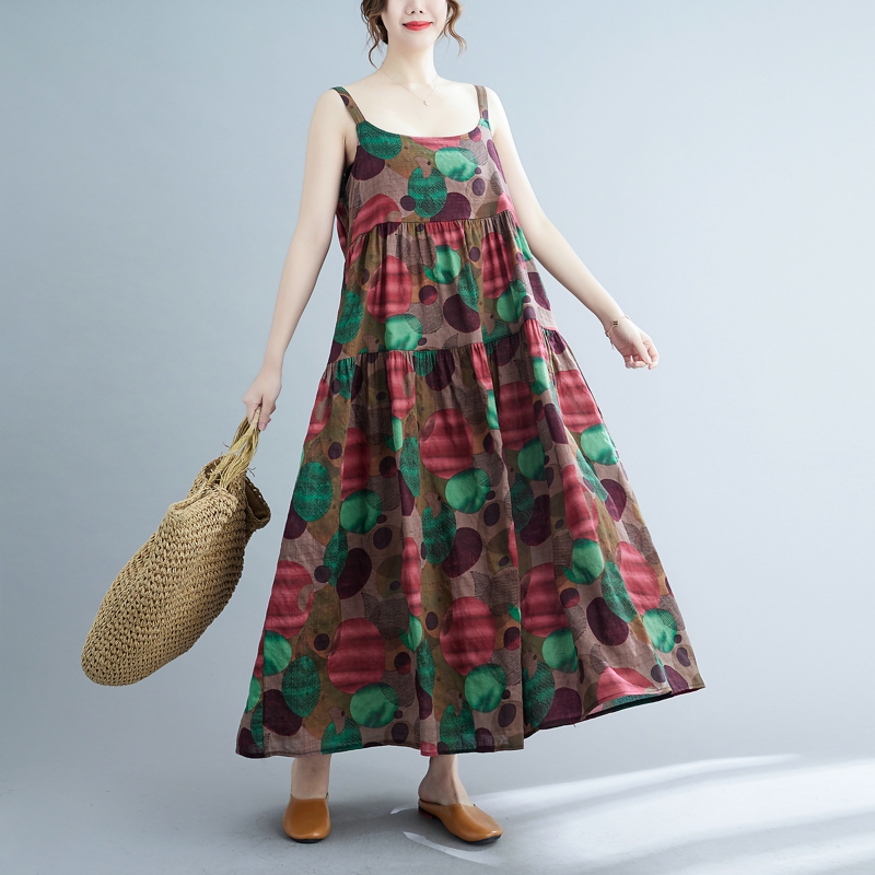 Loose cotton linen strap dress floral long dress for women