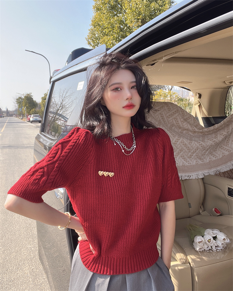 Short spring sweater puff sleeve short sleeve tops