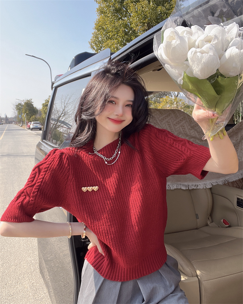 Short spring sweater puff sleeve short sleeve tops