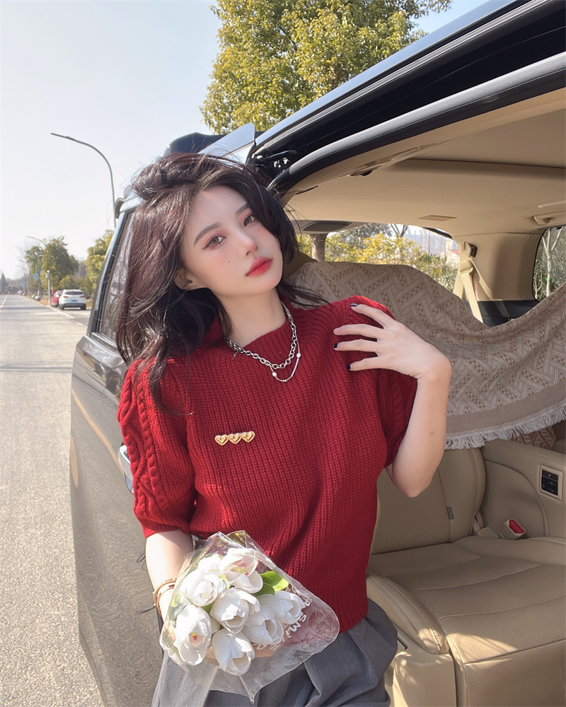 Short spring sweater puff sleeve short sleeve tops