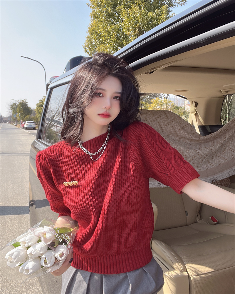 Short spring sweater puff sleeve short sleeve tops