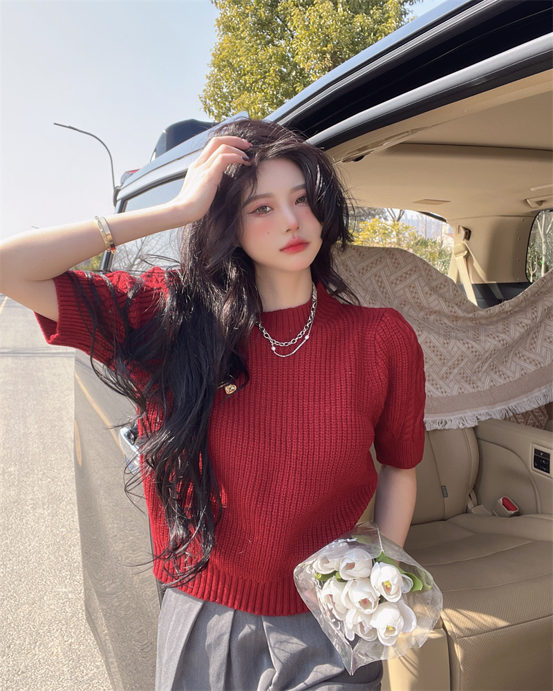 Short spring sweater puff sleeve short sleeve tops