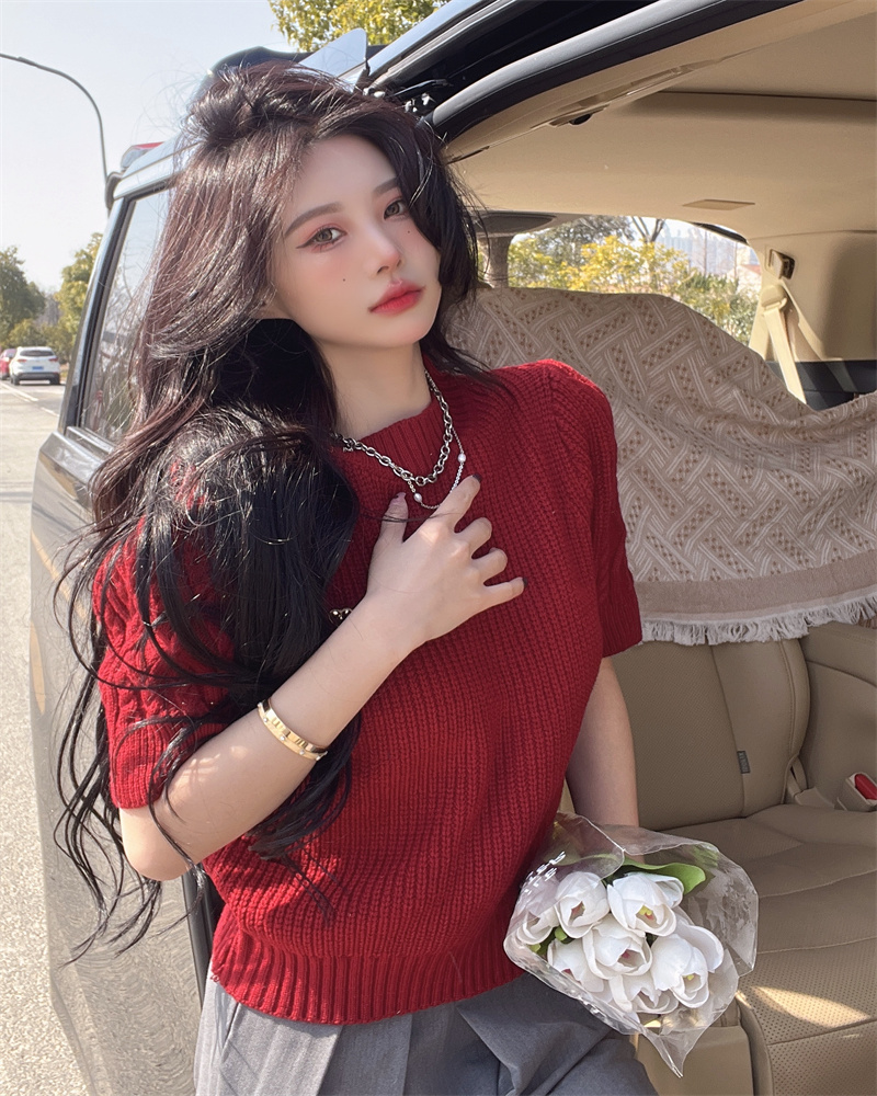 Short spring sweater puff sleeve short sleeve tops