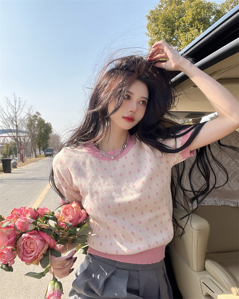 Round neck spring sweater polka dot tops for women