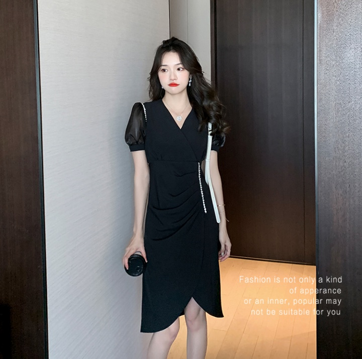 Splice pinched waist T-back V-neck puff sleeve dress