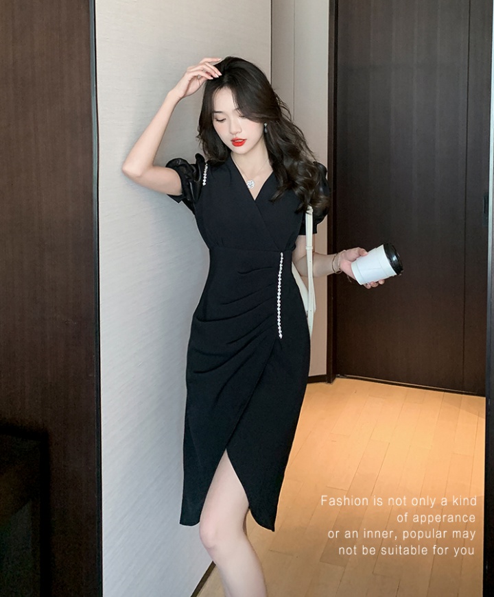 Splice pinched waist T-back V-neck puff sleeve dress