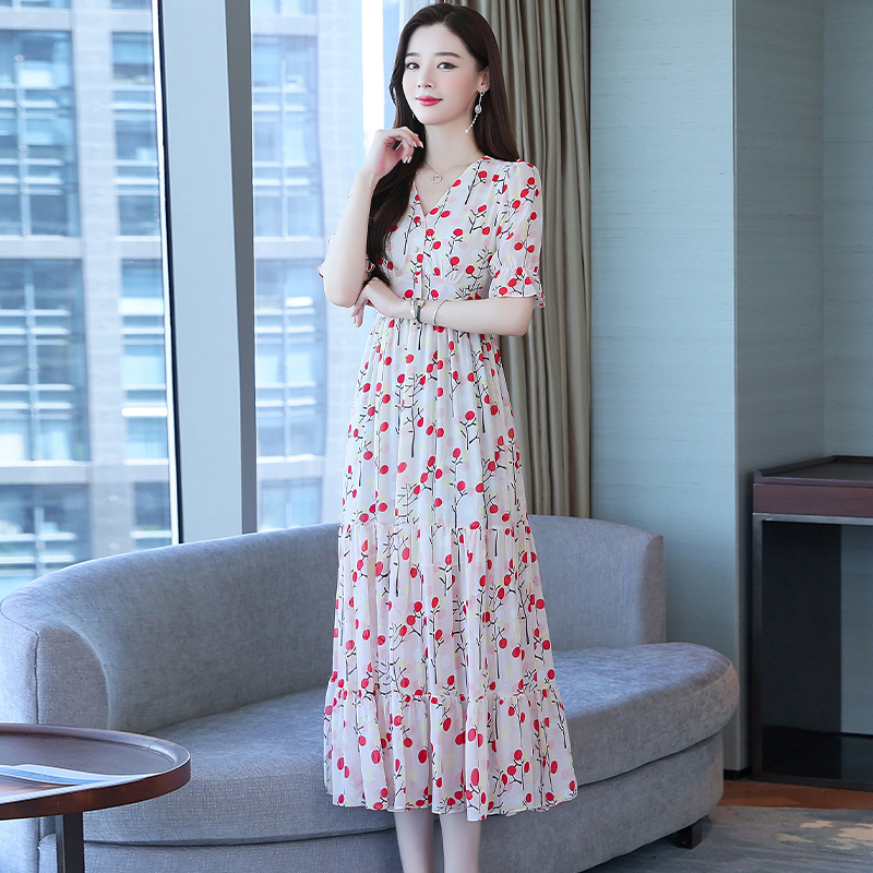 V-neck summer long dress floral slim dress for women