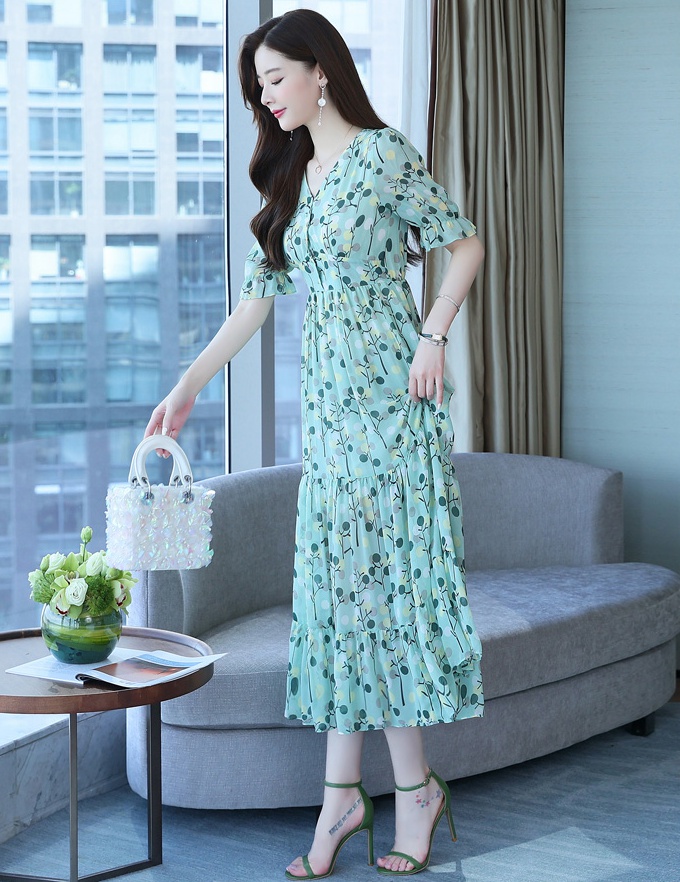 V-neck summer long dress floral slim dress for women