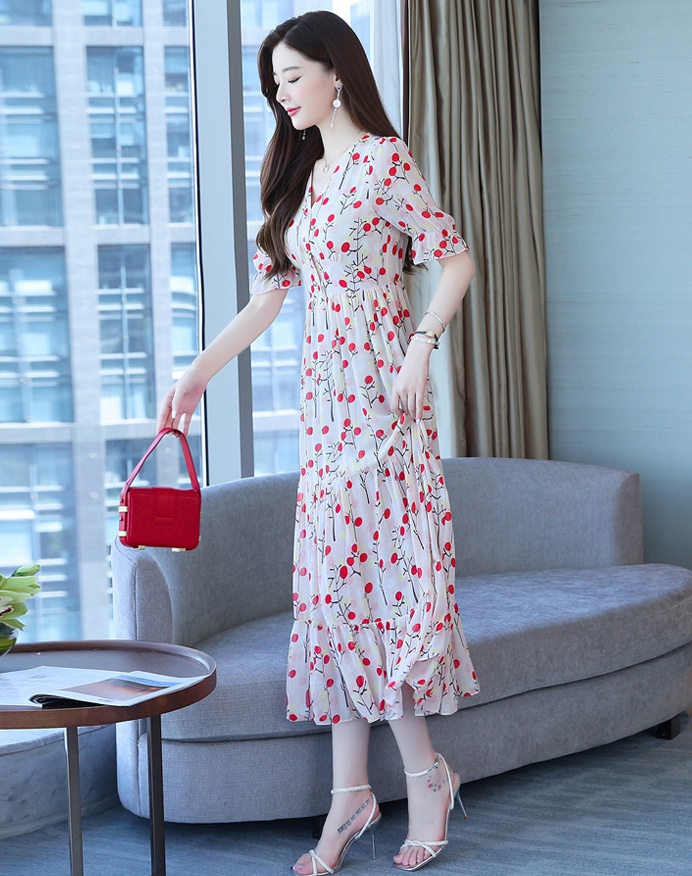 V-neck summer long dress floral slim dress for women