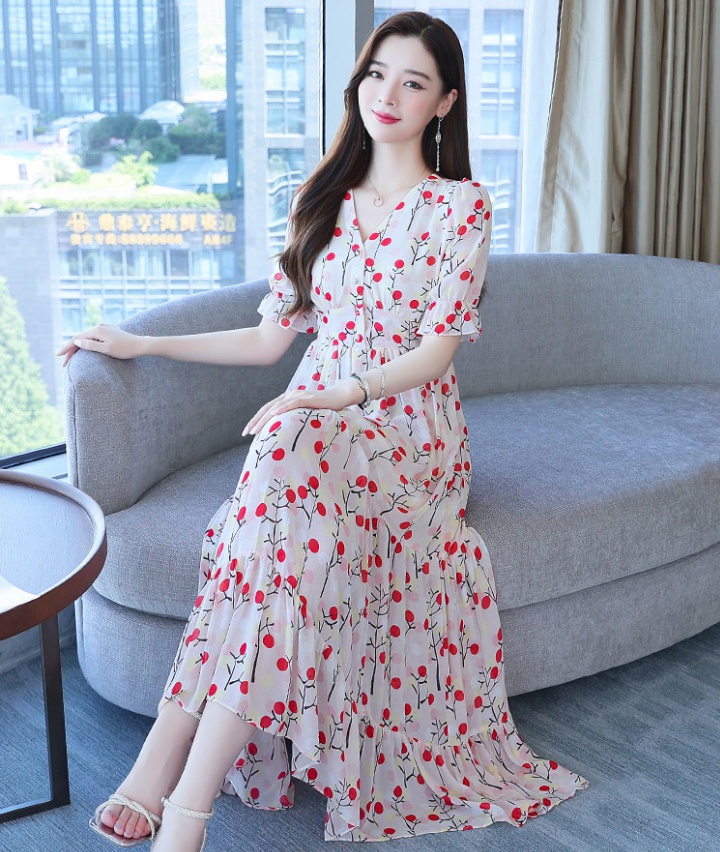 V-neck summer long dress floral slim dress for women