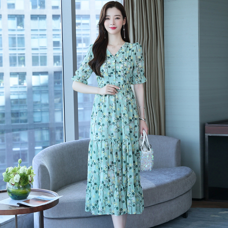 V-neck summer long dress floral slim dress for women