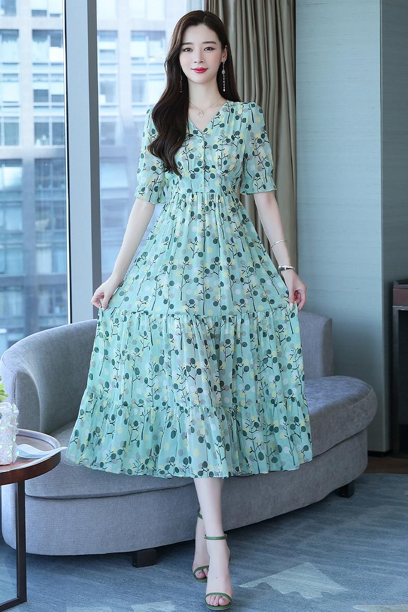 V-neck summer long dress floral slim dress for women