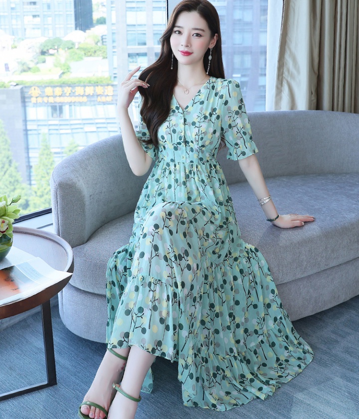 V-neck summer long dress floral slim dress for women