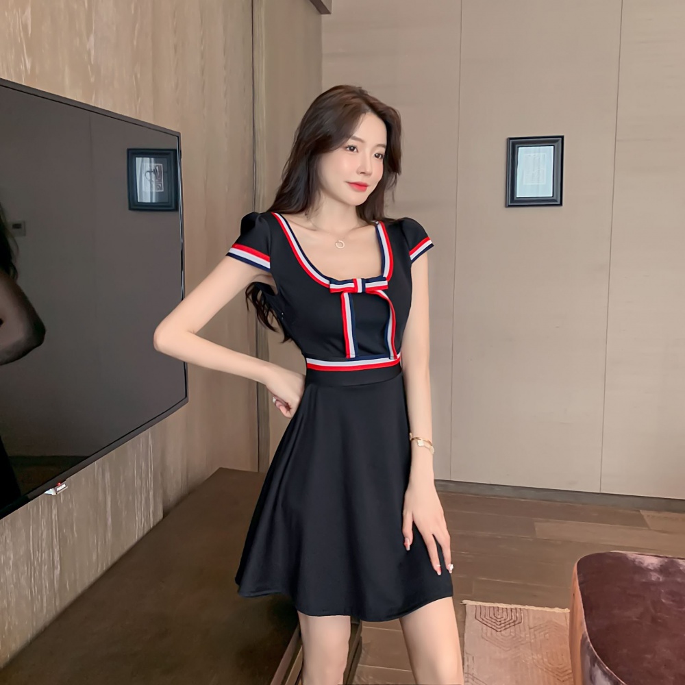 Mixed colors U-neck ribbon bow splice dress