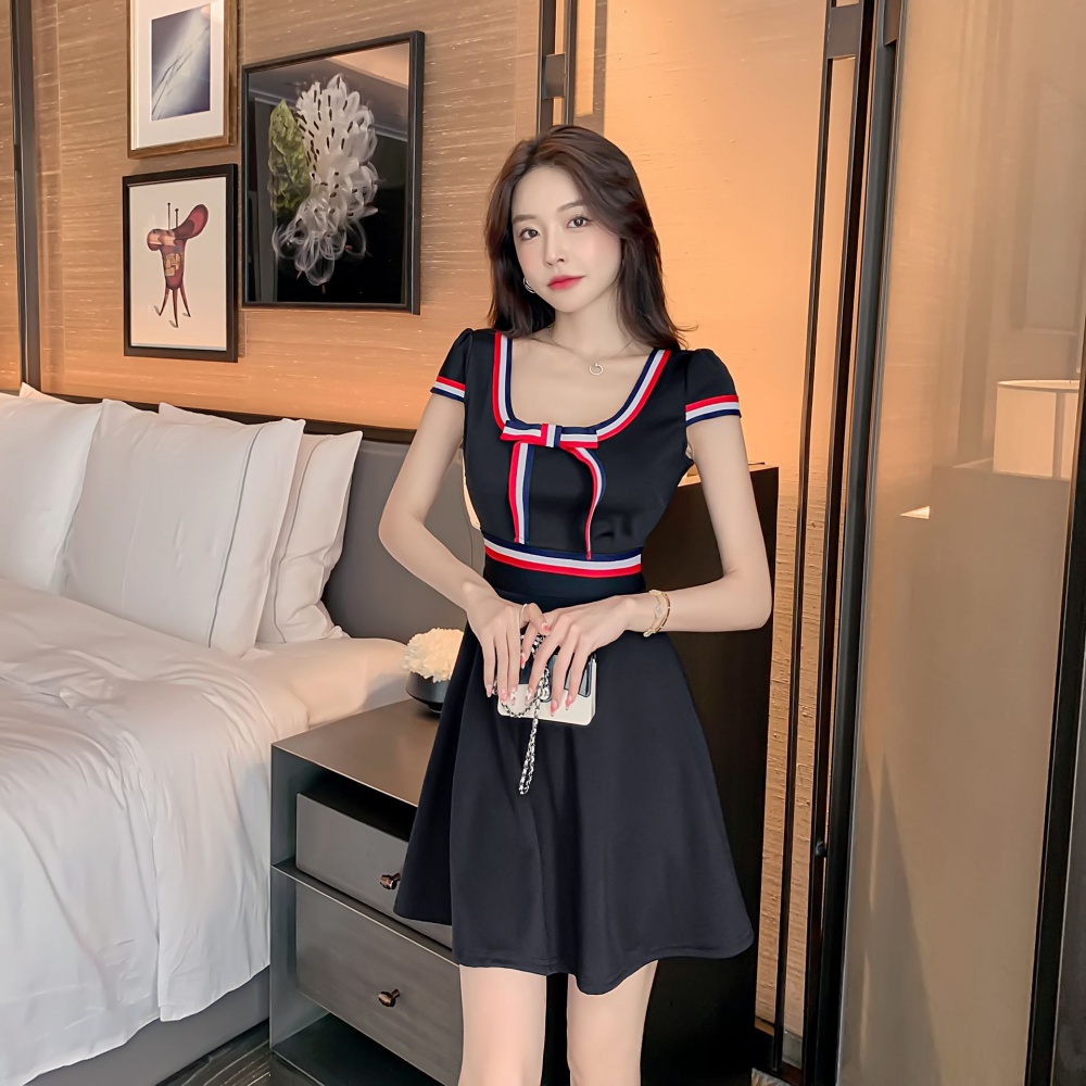 Mixed colors U-neck ribbon bow splice dress