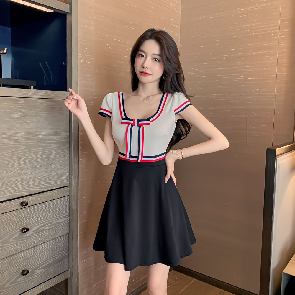 Mixed colors U-neck ribbon bow splice dress