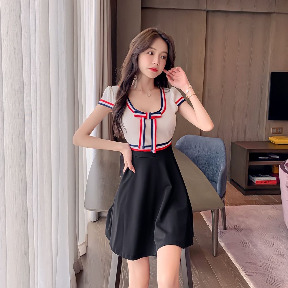 Mixed colors U-neck ribbon bow splice dress