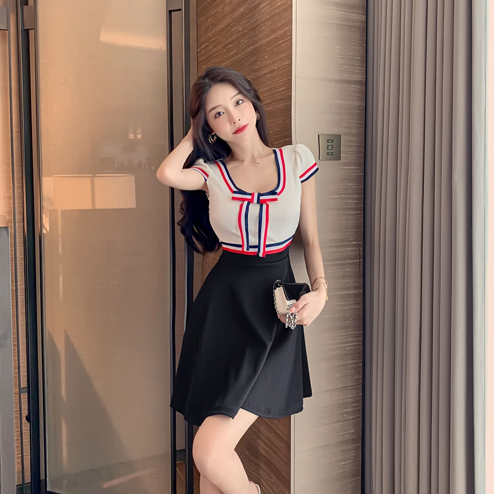 Mixed colors U-neck ribbon bow splice dress