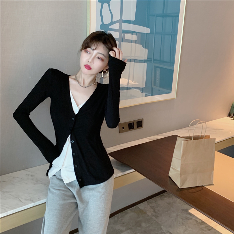 Long sleeve splice slim tops bottoming V-neck sweater