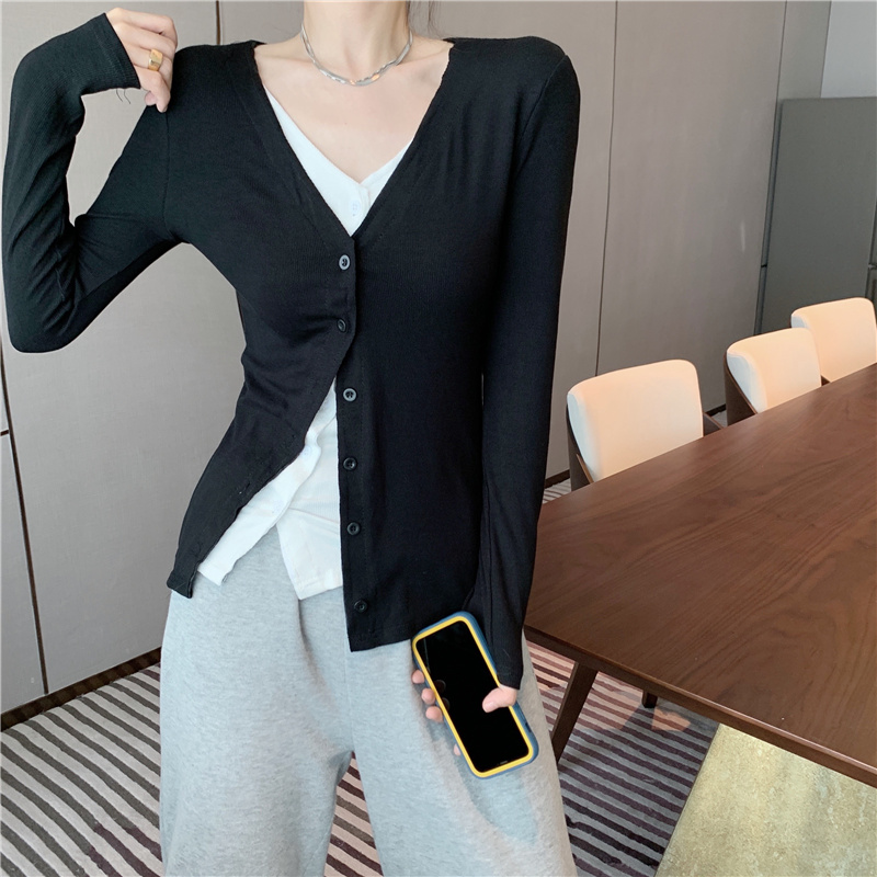 Long sleeve splice slim tops bottoming V-neck sweater