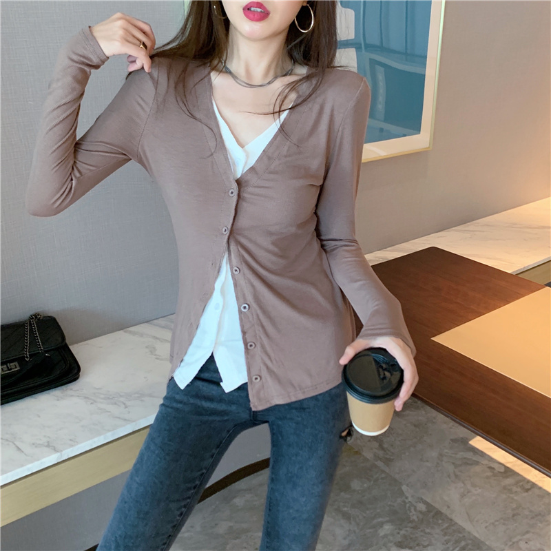 Long sleeve splice slim tops bottoming V-neck sweater