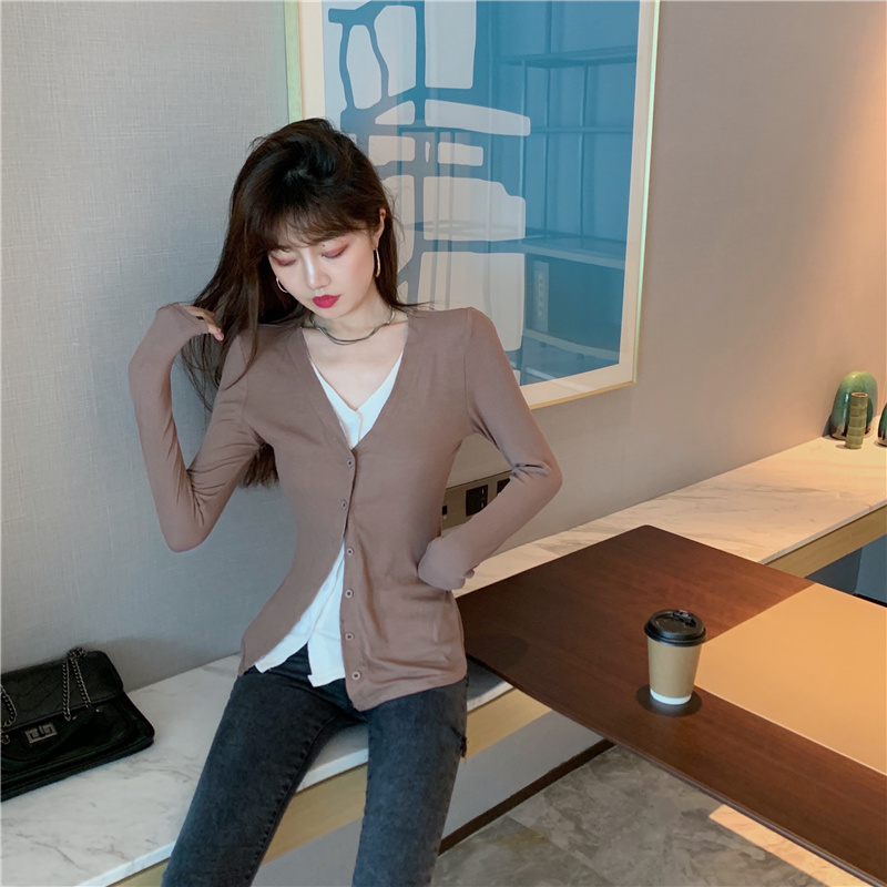 Long sleeve splice slim tops bottoming V-neck sweater