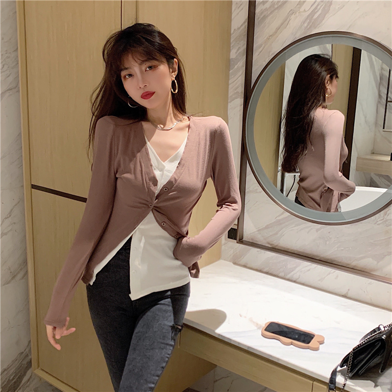 Long sleeve splice slim tops bottoming V-neck sweater