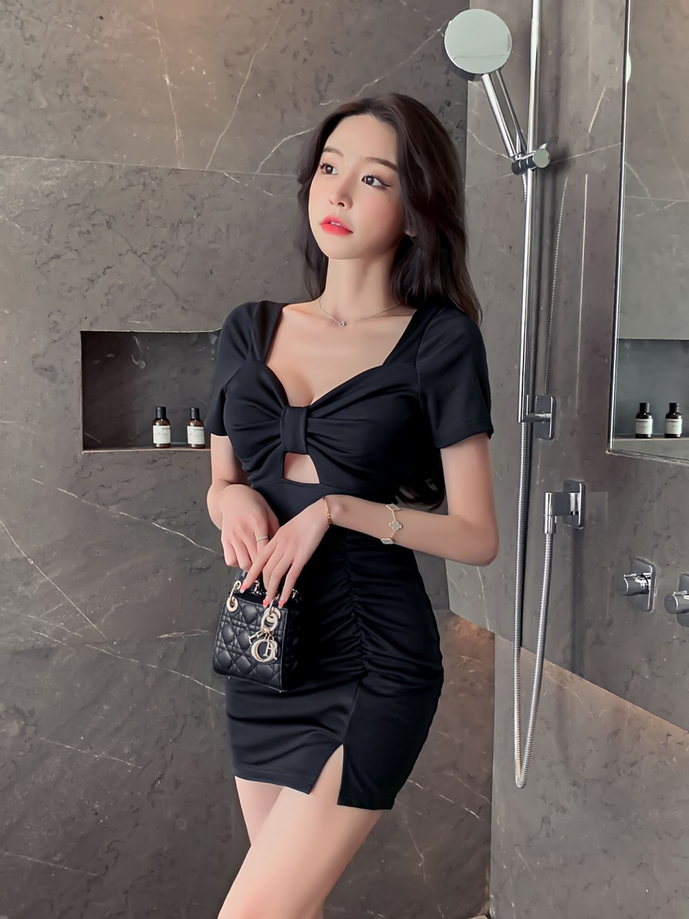 Retro V-neck summer slim package hip sexy dress