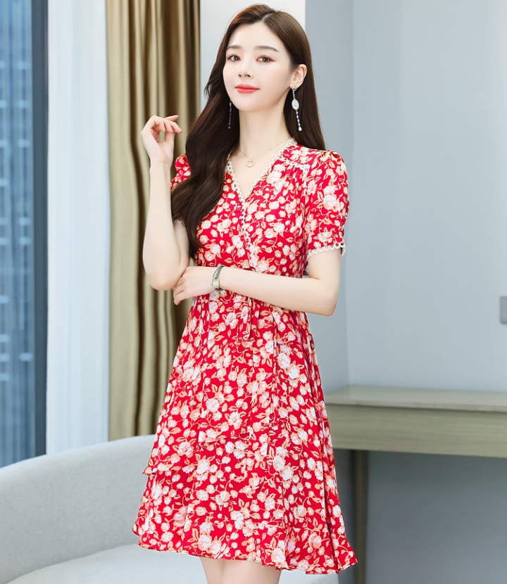 Short sleeve floral France style chiffon dress for women