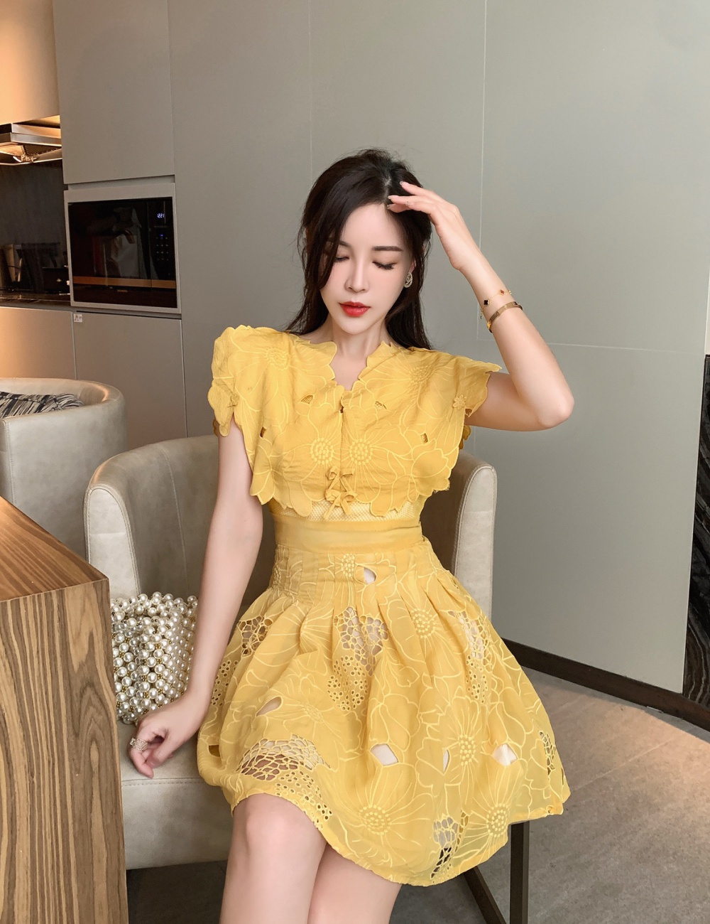 High waist petal summer yellow short dress