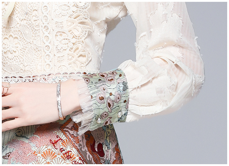 Cstand collar frenum jacquard long sleeve retro crochet dress