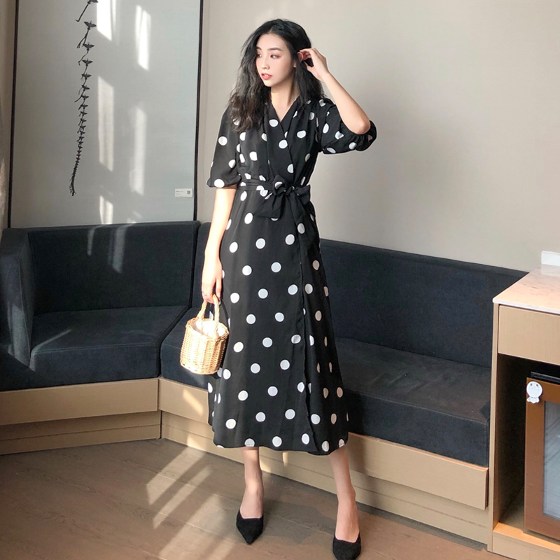 Pinched waist big dot long dress slim retro dress