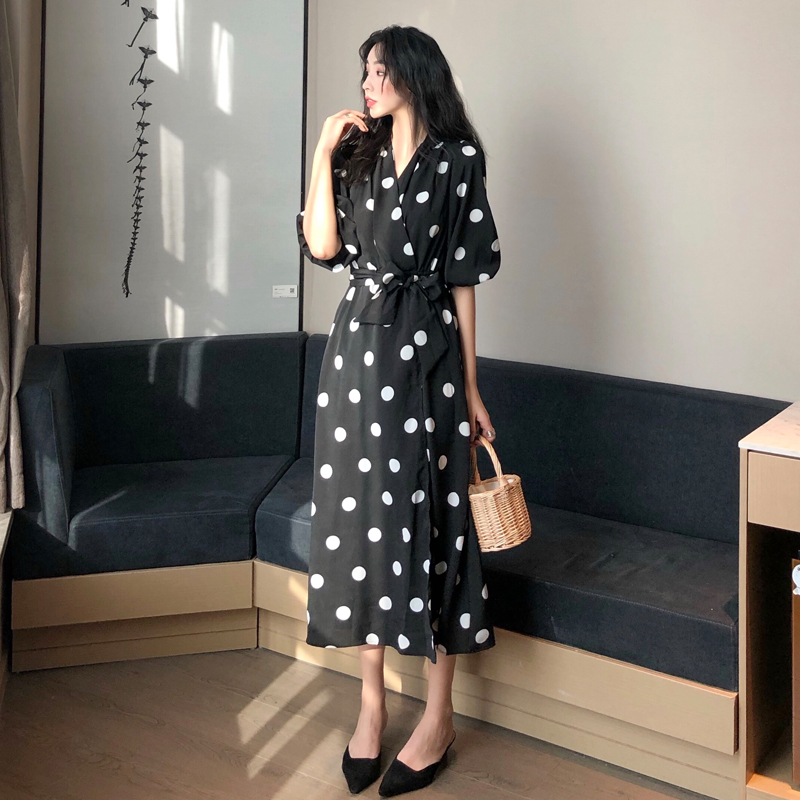 Pinched waist big dot long dress slim retro dress