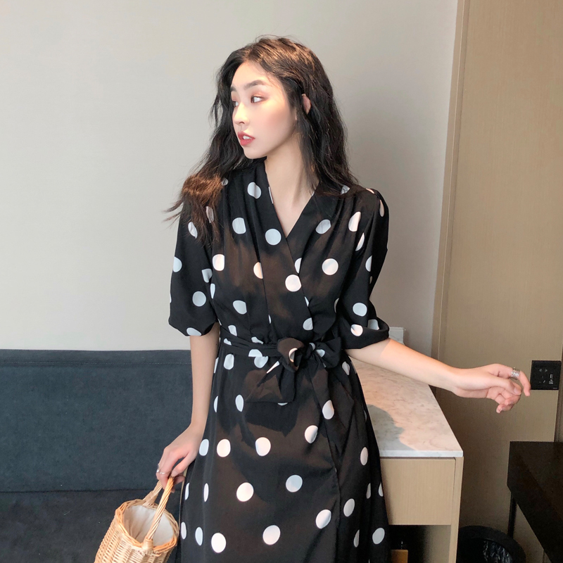 Pinched waist big dot long dress slim retro dress