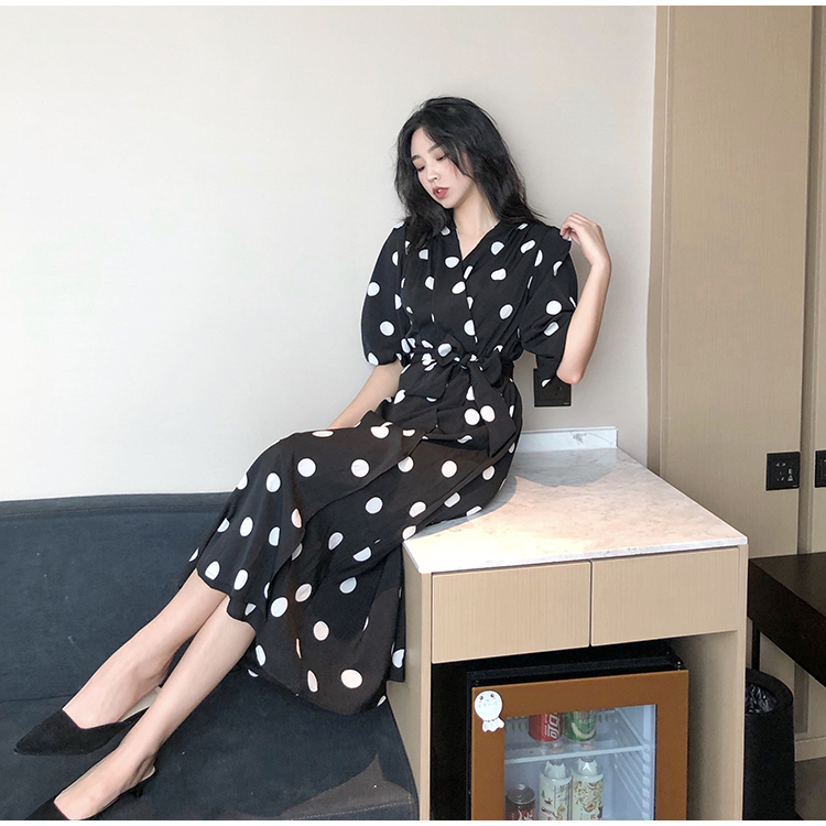 Pinched waist big dot long dress slim retro dress