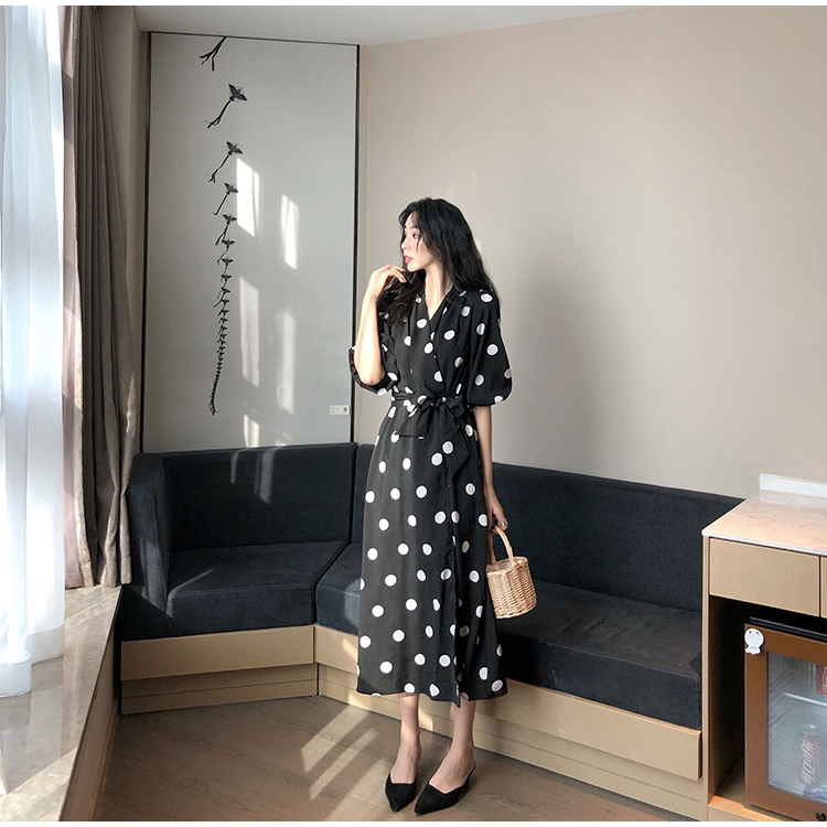 Pinched waist big dot long dress slim retro dress