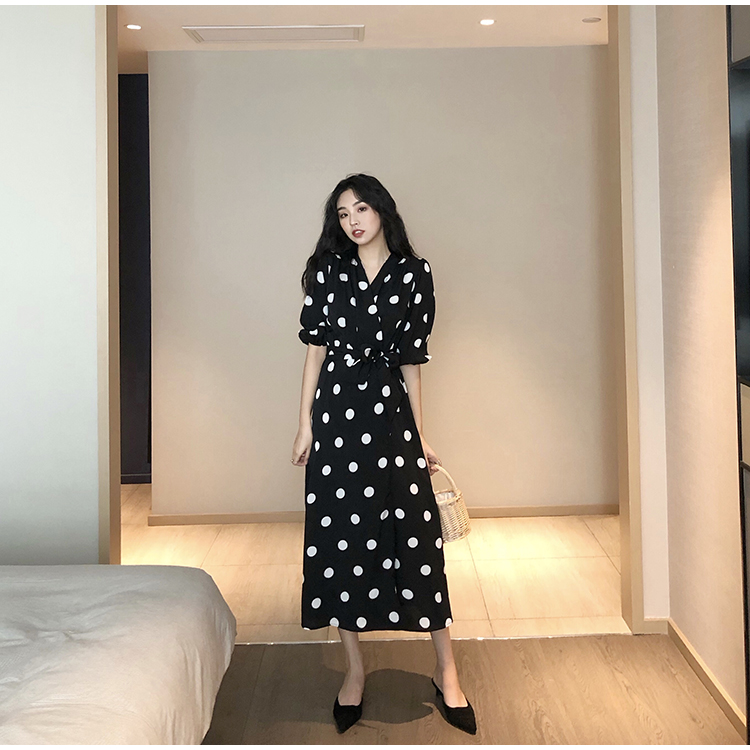 Pinched waist big dot long dress slim retro dress