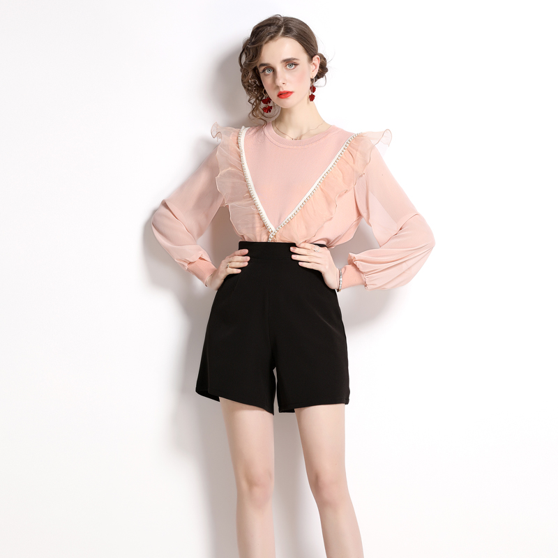 Splice knitted tops lantern sleeve slim shorts