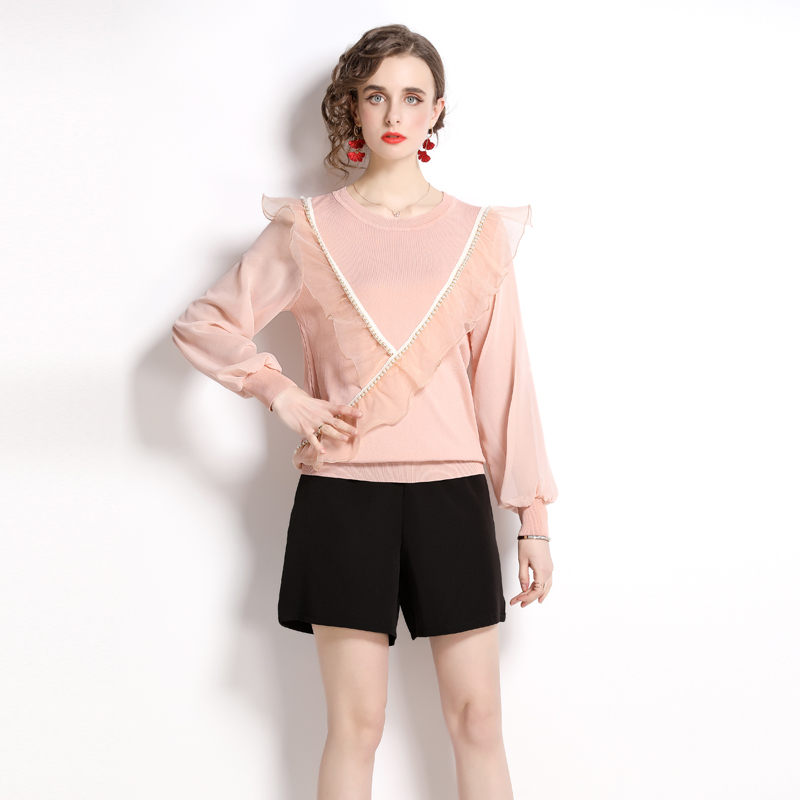 Splice knitted tops lantern sleeve slim shorts