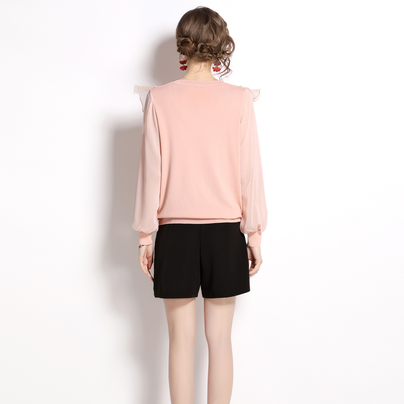 Splice knitted tops lantern sleeve slim shorts