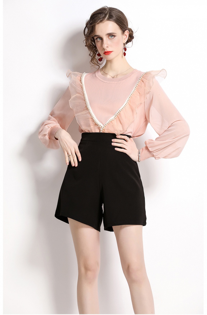 Splice knitted tops lantern sleeve slim shorts