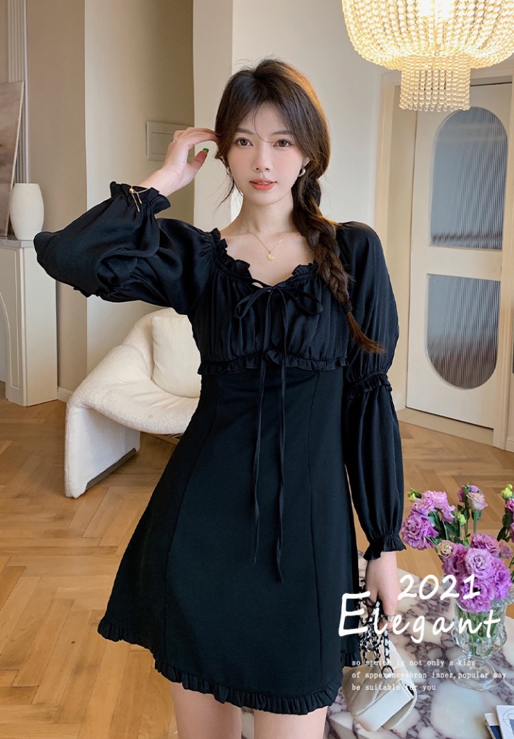 Flat shoulder frenum spring wood ear pure sweet dress