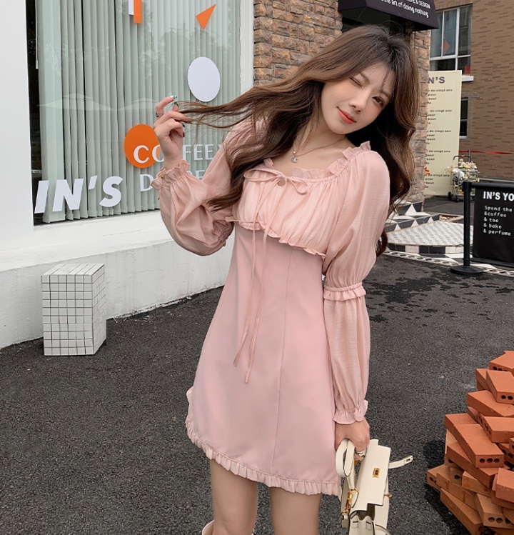 Flat shoulder frenum spring wood ear pure sweet dress