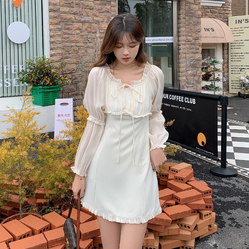 Flat shoulder frenum spring wood ear pure sweet dress